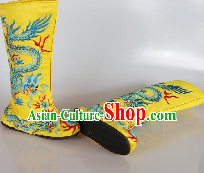 Asian Chinese Beijing Opera Shoes Emperor Yellow Embroidered Boots Traditional Peking Opera Shoes Asian Chinese Beijing Opera Shoes Emperor Yellow Embroidered Boots Traditional Peking Opera Shoes