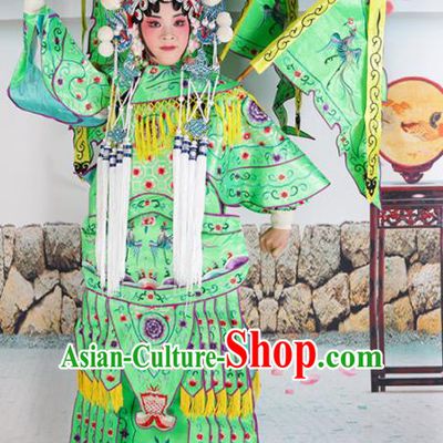 Traditional Chinese Beijing Opera Female General Deep Green Costume Peking Opera Magic Warriors Clothing