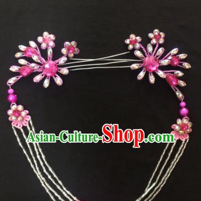 Asian Chinese Beijing Opera Hair Accessories Rosy Rhinestone Hairpins Tassel Step Shake for Women