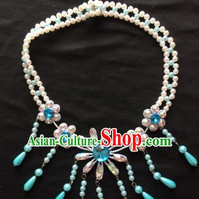 Asian Chinese Beijing Opera Jewelry Accessories Pearls Blue Flower Necklace for Women