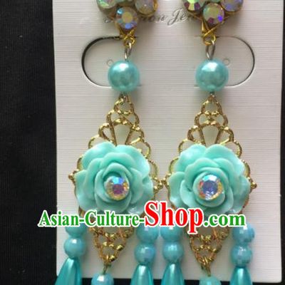Asian Chinese Beijing Opera Jewelry Accessories Blue Rose Earrings for Women