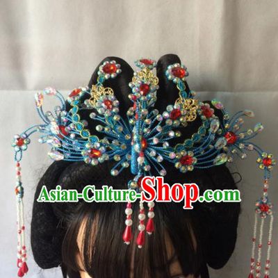 Asian Chinese Beijing Opera Hair Accessories Ancient Princess Blue Phoenix Coronet Hairpins for Women