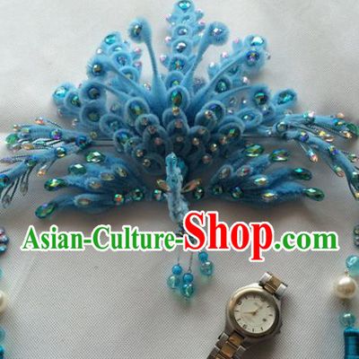 Asian Chinese Beijing Opera Hair Accessories Blue Phoenix Coronet Ancient Princess Hairpins for Women