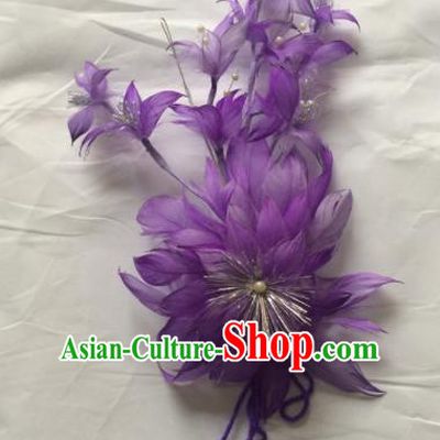 Asian Chinese Beijing Opera Hair Accessories Ancient Princess Purple Feather Hairpins for Women