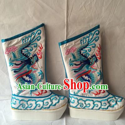 Asian Chinese Beijing Opera Takefu Embroidered Blue Dragon Boots Ancient Emperor Shoes for Men