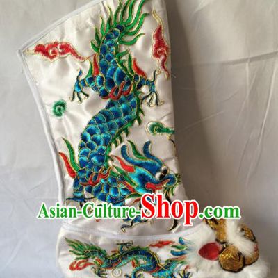 Asian Chinese Beijing Opera Takefu Embroidered Green Dragon Boots Ancient Emperor Shoes for Men