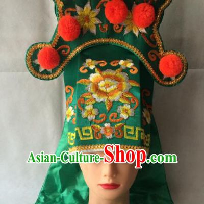 Asian Chinese Traditional Beijing Opera Takefu Headwear Ancient Warrior Green Hat for Men