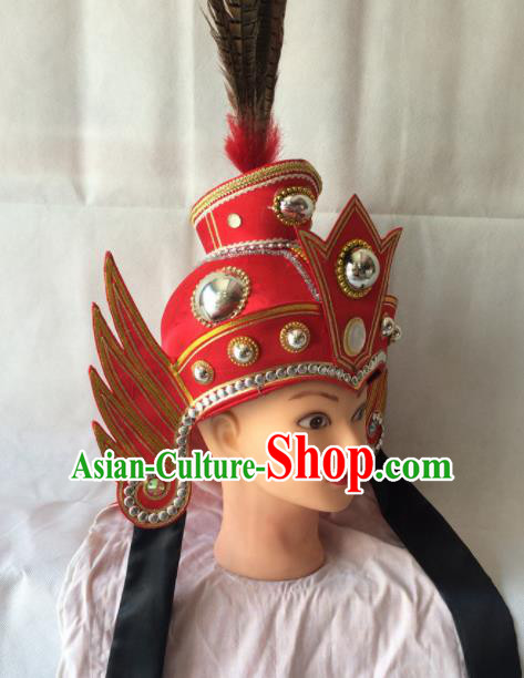 Asian Chinese Beijing Opera Takefu Headwear Ancient General Red Helmet Hat for Men Asian Chinese Beijing Opera Takefu Headwear Ancient General Red Helmet Hat for Men