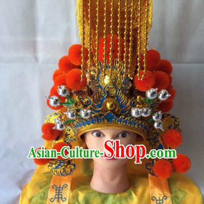 Asian Chinese Beijing Opera Emperor Helmet Headwear Ancient Imperator Golden Hat for Men