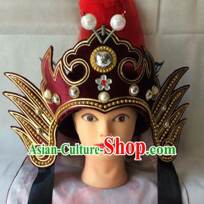 Asian Chinese Traditional Beijing Opera Headwear Ancient General Wine Red Helmet for Men