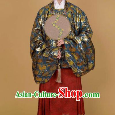 Traditional Chinese Ancient Ming Dynasty Nobility Lady Historical Costume Blue Blouse and Horse Face Skirt Complete Set