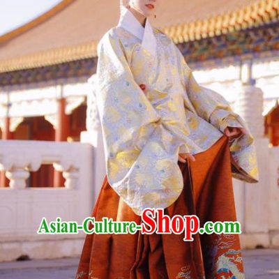 Traditional Chinese Ming Dynasty Imperial Consort Historical Costume Ancient Brocade Blouse and Horse Face Skirt Complete Set