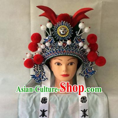 Asian Chinese Traditional Beijing Opera Takefu Headwear Ancient Warrior Green Helmet Hat for Men