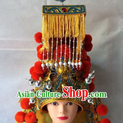 Asian Chinese Traditional Beijing Opera Helmet Headwear Ancient Emperor Tassel Hat for Men