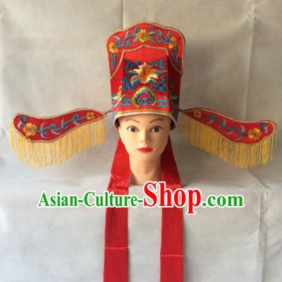 Asian Chinese Traditional Beijing Opera Headwear Ancient Scholar Red Hat for Men