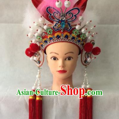 Asian Chinese Beijing Opera Hair Accessories Ancient Female Warrior Red Hat Helmet for Women