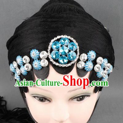 Asian Chinese Beijing Opera Diva Hair Accessories Ancient Princess Blue Crystal Hairpins for Women