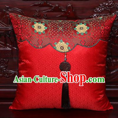 Chinese Classical Peony Pattern Jade Pendant Red Brocade Square Cushion Cover Traditional Household Ornament