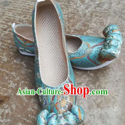 Asian Chinese Traditional Shoes Ancient Song Dynasty Wedding Blue Shoes Hanfu Shoes for Women