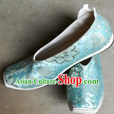 Asian Chinese Traditional Hanfu Shoes Ancient Song Dynasty Blue Brocade Shoes for Men