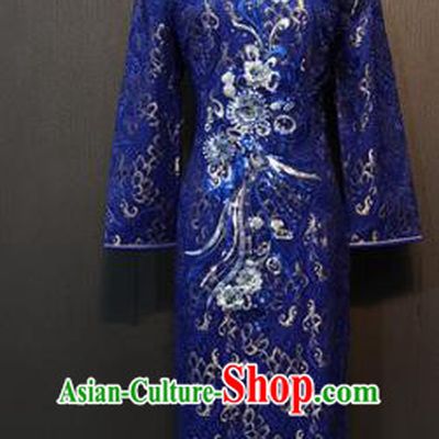 Asian Chinese Traditional Costume National Qipao Dress Royalblue Cheongsam for Women