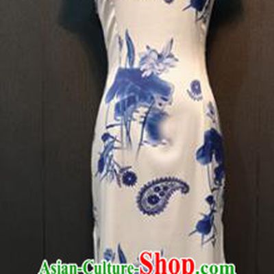 Asian Chinese Traditional Costume National Qipao Dress Printing Lotus White Silk Cheongsam for Women