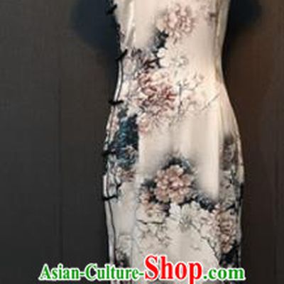 Asian Chinese Traditional Costume National Qipao Dress Printing Peony White Silk Cheongsam for Women