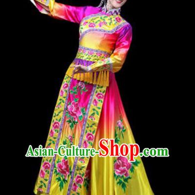 Chinese Traditional Ethnic Dance Costume Yi Nationality Dance Rosy Dress for Women