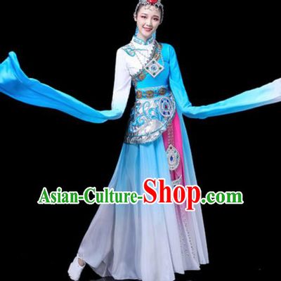 Chinese Traditional Ethnic Dance Costume Zang Nationality Stage Dance Blue Dress for Women