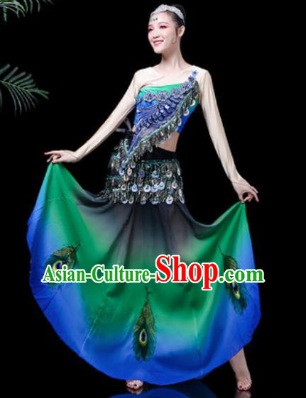 Chinese Traditional Ethnic Dance Costume Dai Nationality Peacock Dance Green Dress for Women Chinese Traditional Ethnic Dance Costume Dai Nationality Peacock Dance Green Dress for Women