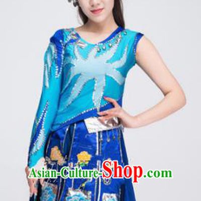 Asian Chinese Traditional Ethnic Costume Miao Nationality Dance Blue Dress for Women