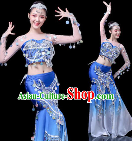 Chinese Traditional Ethnic Dance Costume Dai Nationality Peacock Dance Blue Dress for Women Chinese Traditional Ethnic Dance Costume Dai Nationality Peacock Dance Blue Dress for Women