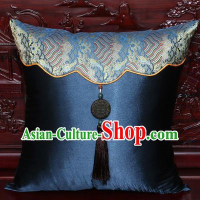 Chinese Classical Pattern Jade Pendant Navy Brocade Square Cushion Cover Traditional Household Ornament