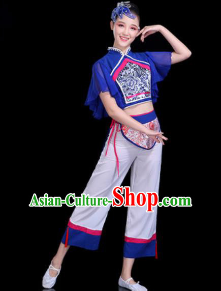 Chinese Traditional Yangko Dance Costume Folk Dance Fan Dance Blue Clothing for Women