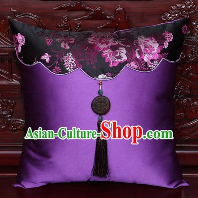 Chinese Classical Peony Pattern Jade Pendant Purple Brocade Square Cushion Cover Traditional Household Ornament