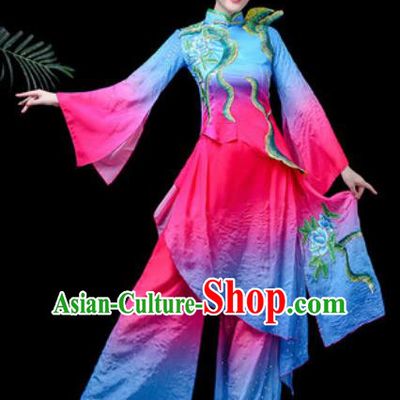 Traditional Chinese Folk Dance Costume Fan Dance Blue Clothing for Women