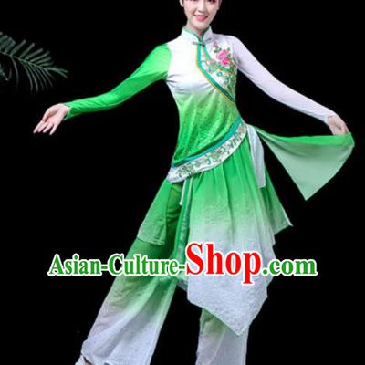 Traditional Chinese Folk Dance Costume Fan Dance Green Clothing for Women