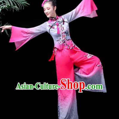 Traditional Chinese Folk Dance Costume Fan Dance Rosy Clothing for Women