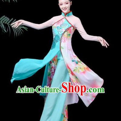 Traditional Chinese Classical Dance Costume Stage Performance Umbrella Dance Blue Dress for Women