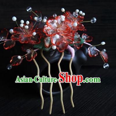 Chinese Ancient Palace Hair Accessories Traditional Classical Red Flowers Hair Combs for Women