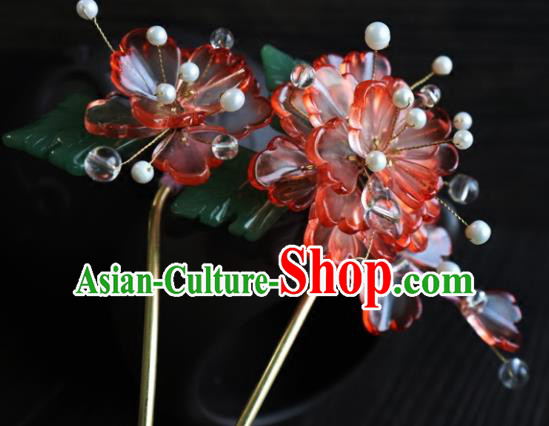 Chinese Ancient Palace Hair Accessories Traditional Classical Red Flowers Hairpins for Women