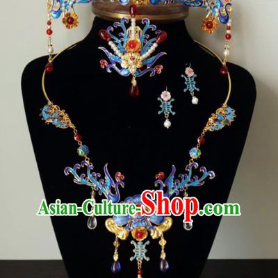 Chinese Ancient Palace Hair Accessories Traditional Classical Blueing Phoenix Coronet Hairpins for Women