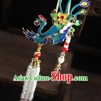 Chinese Ancient Palace Hair Accessories Traditional Classical Blueing Phoenix Tassel Hairpins for Women