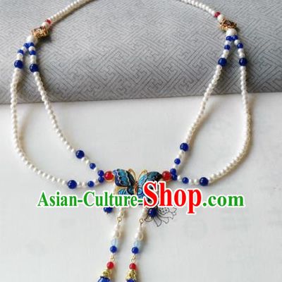 Chinese Ancient Palace Jewelry Accessories Traditional Classical Hanfu Blueing Butterfly Pearls Necklace for Women