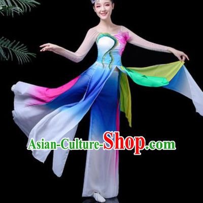 Traditional Chinese Classical Dance Stage Performance Costume Umbrella Dance Blue Dress for Women