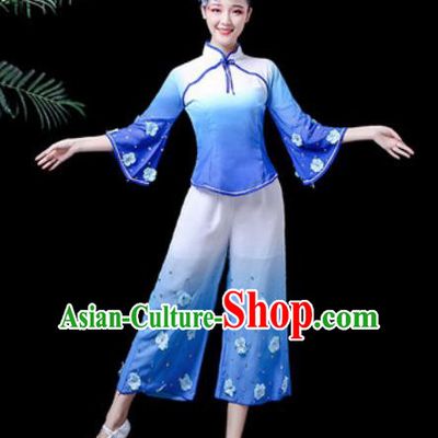 Traditional Chinese Yangko Dance Stage Performance Costume Folk Dance Blue Clothing for Women