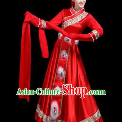 Chinese Traditional Ethnic Dance Costume Zang Nationality Folk Dance Red Dress for Women