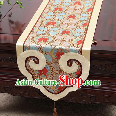 Chinese Classical Double Fishes Pattern Satin Table Flag Traditional Brocade Household Ornament Table Cover
