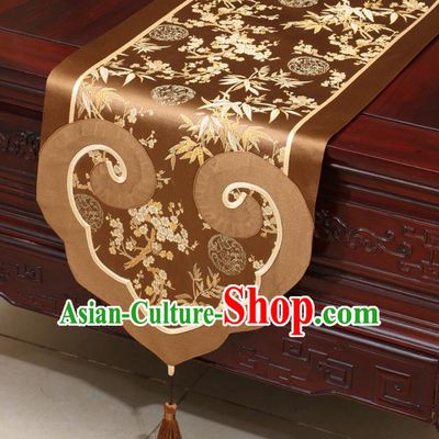 Chinese Classical Plum Blossom Bamboo Pattern Brown Satin Table Flag Traditional Brocade Household Ornament Table Cover