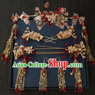 Chinese Ancient Palace Bride Hair Accessories Traditional Classical Wedding Pink Shell Hair Comb Hairpins for Women